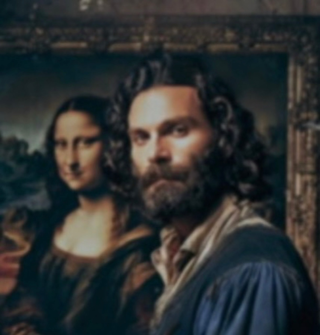 Illustrative depiction of Leonardo da Vinci beside the Mona Lisa