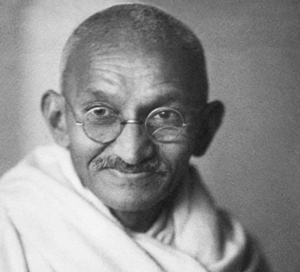 Black-and-white portrait of Mahatma Gandhi