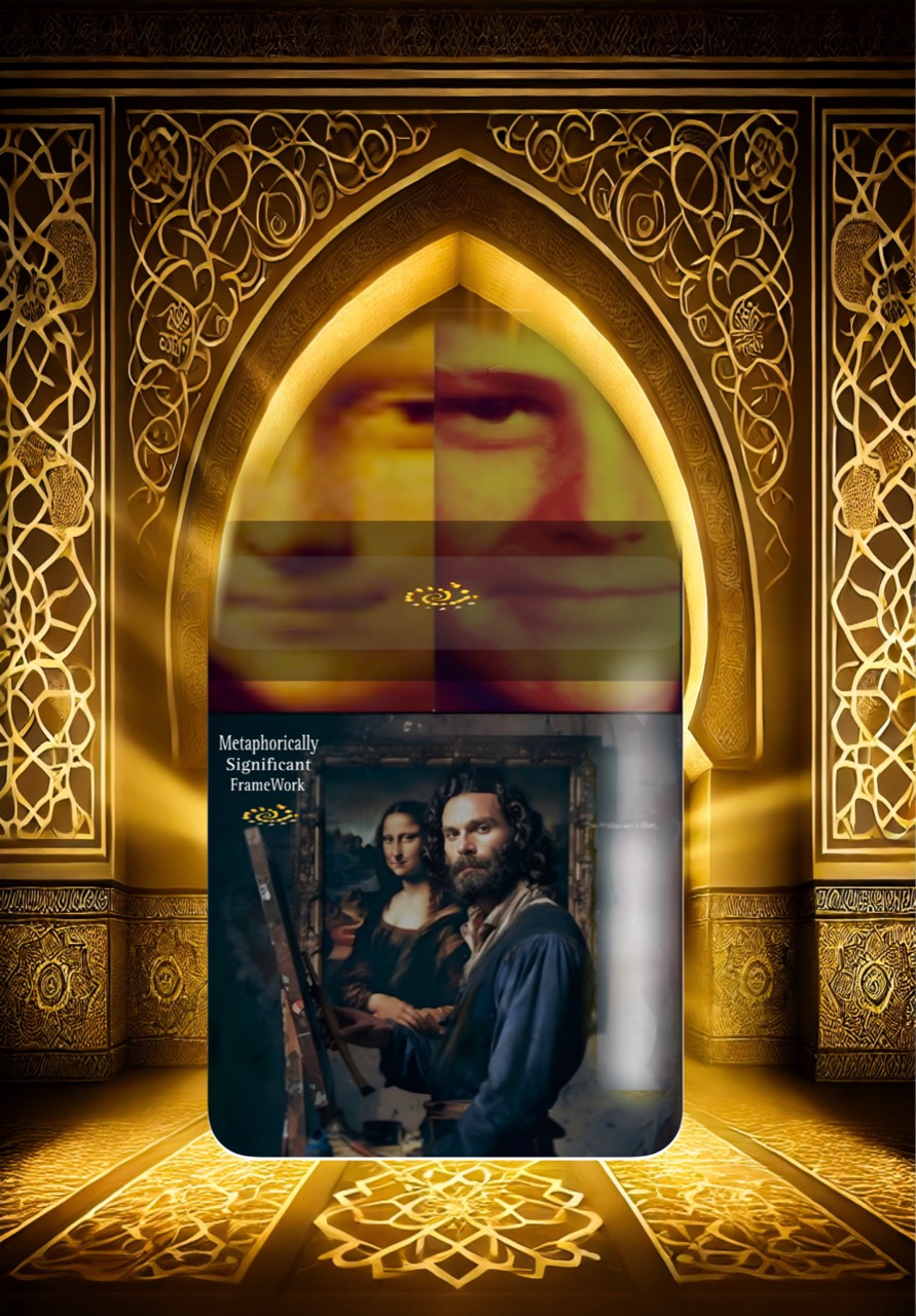 Artwork combining Simon Falk’s fifth-grade photograph at age eleven with the Mona Lisa and Leonardo da Vinci, within a golden architectural frame
